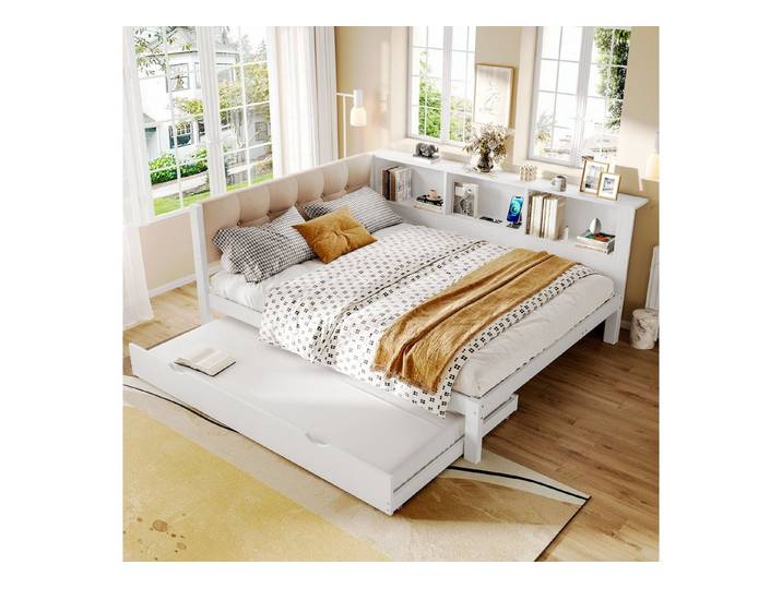 Odikalo Schlafsofa Ausziehbett Tagesbett Daybed Polsterbett USB Regal 140x200 Weiß
