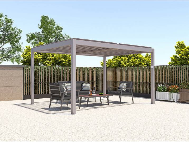 Terrassendach bioklimatisch freistehend elektrisch mit verstellbaren Lamellen - Aluminium - 12 m² - Taupe - AMADORA