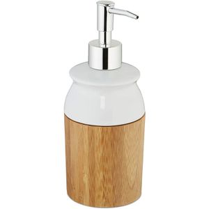Relaxdays Seifenspender Bambus, 100288120, stehend, Bambus und Keramik, natur/weiß, 225ml
