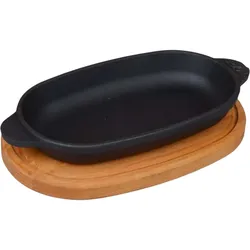 DELUKE® Servierpfanne Gusseisen LUDI [MIT HOLZUNTERSETZER] - 18x10cm | Gusseiserne Grillpfanne Gusspfanne oval für Backofen & Grill