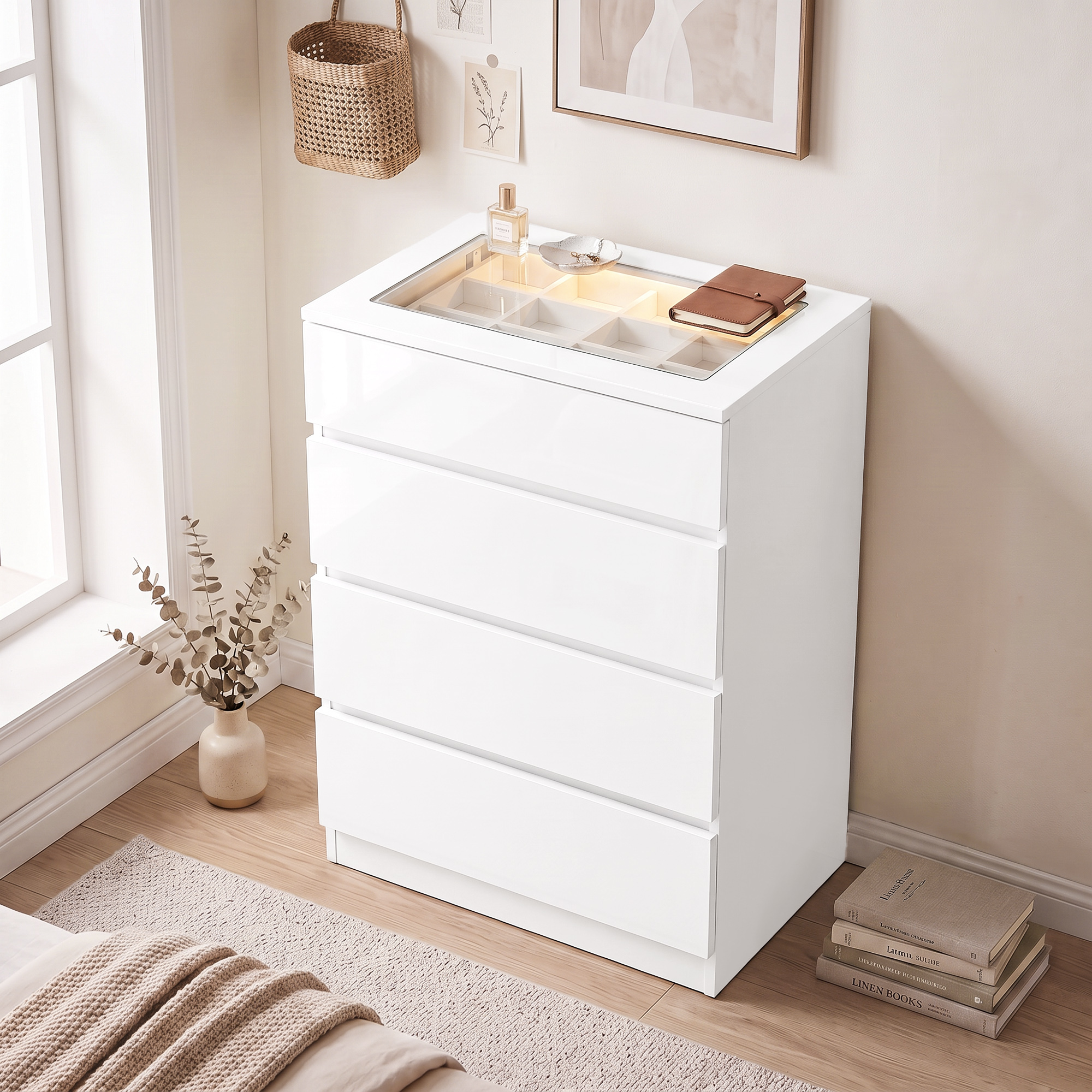 Homcom Cassettiera Moderna 4 Cassetti Con Luci LED, 60x40x90 cm, Bianca   Aosom Italy