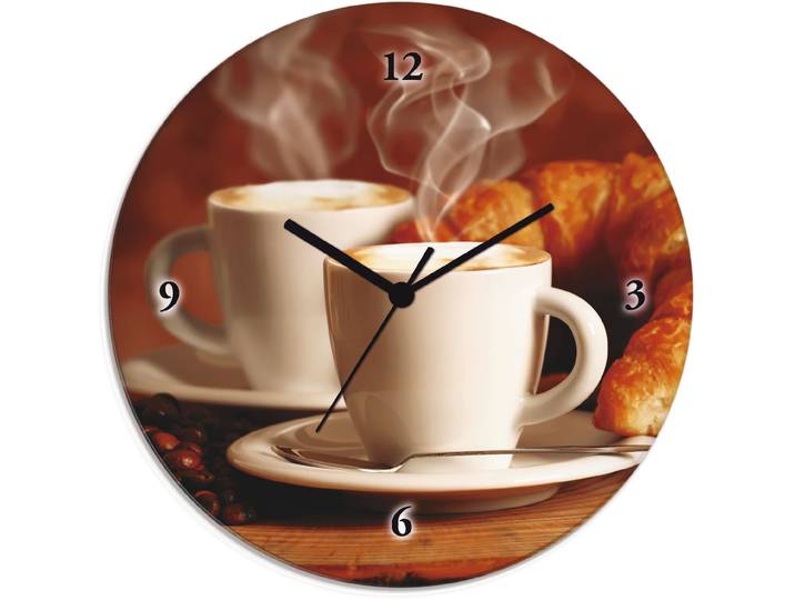 Wanduhr ARTLAND Dampfender Cappuccino und Croissant , braun, T:1,8cm, Wanduhren, Wanduhr, wahlweise mit Quarz- oder Funkuhrwerk, lautlos ohne Tickgeräusche