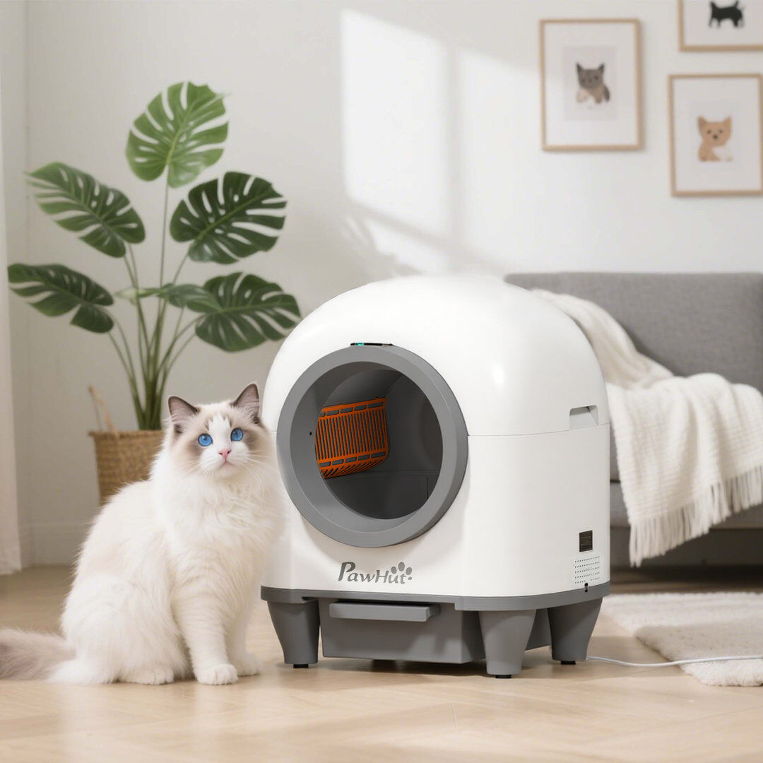 PawHut 80L Self Cleaning Cat Litter Tray with APP Control Safety Protection White 58.5cm H X 55.5cm W X 51cm D
