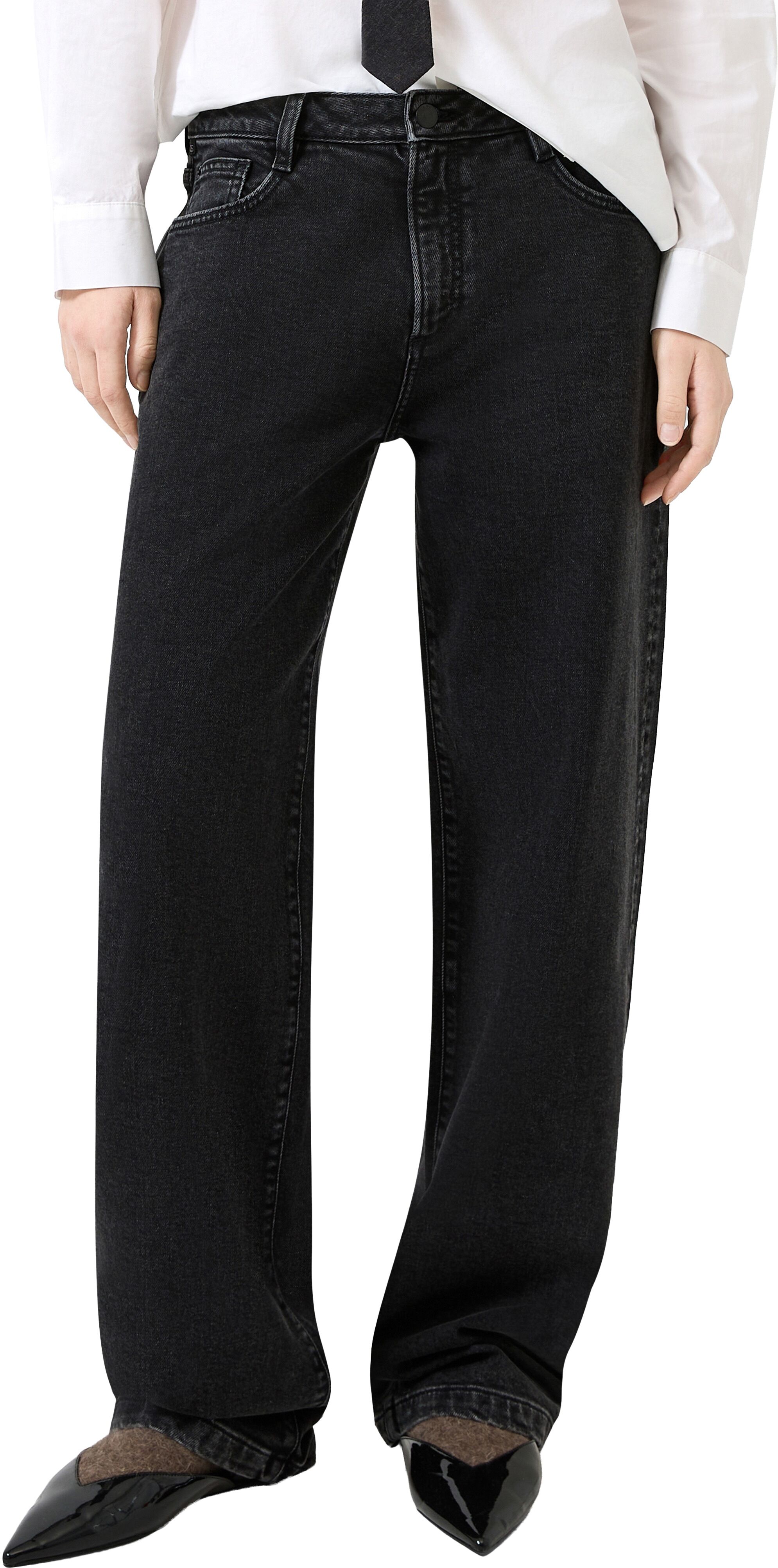 5-Pocket-Hose QS, Damen, Gr. 40, Länge 30, schwarz, Denim/Jeans, Obermaterial: 99% Baumwolle, 1% Elasthan. Futter: 70% Polyester, 30% Baumwolle, unifarben, normal lang, Hosen 5-Pocket-Hose, Barrel Leg Jeans mit Stretch schwarz 40, Länge 30