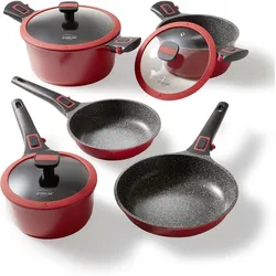 Stoneline SMART Topf und Pfannenset, 8-teilig, mit Deckel und abnehmbarem Griff, Induktion, Aluguss, Pfanne mit echten Steinpartikeln beschichtet, rot