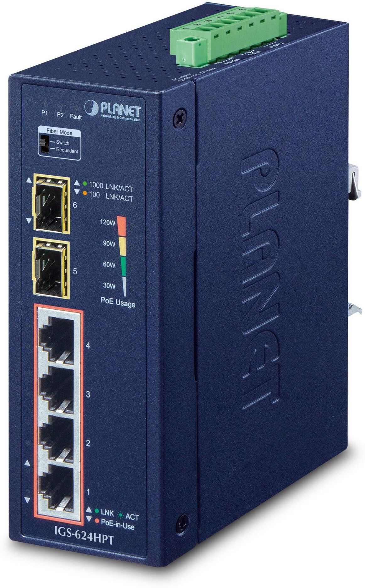 PLANET IGS-624HPT Industrial 4-Port Gigabit PoE+ Switch with 2 SFP Slots (IP30, -40 to 75°C)