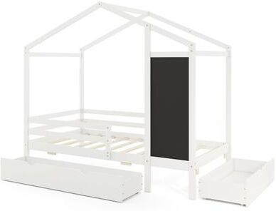 Costway Kids Twin Size Bed with 2 Drawers Solid Wood Bed with Blackboard-White