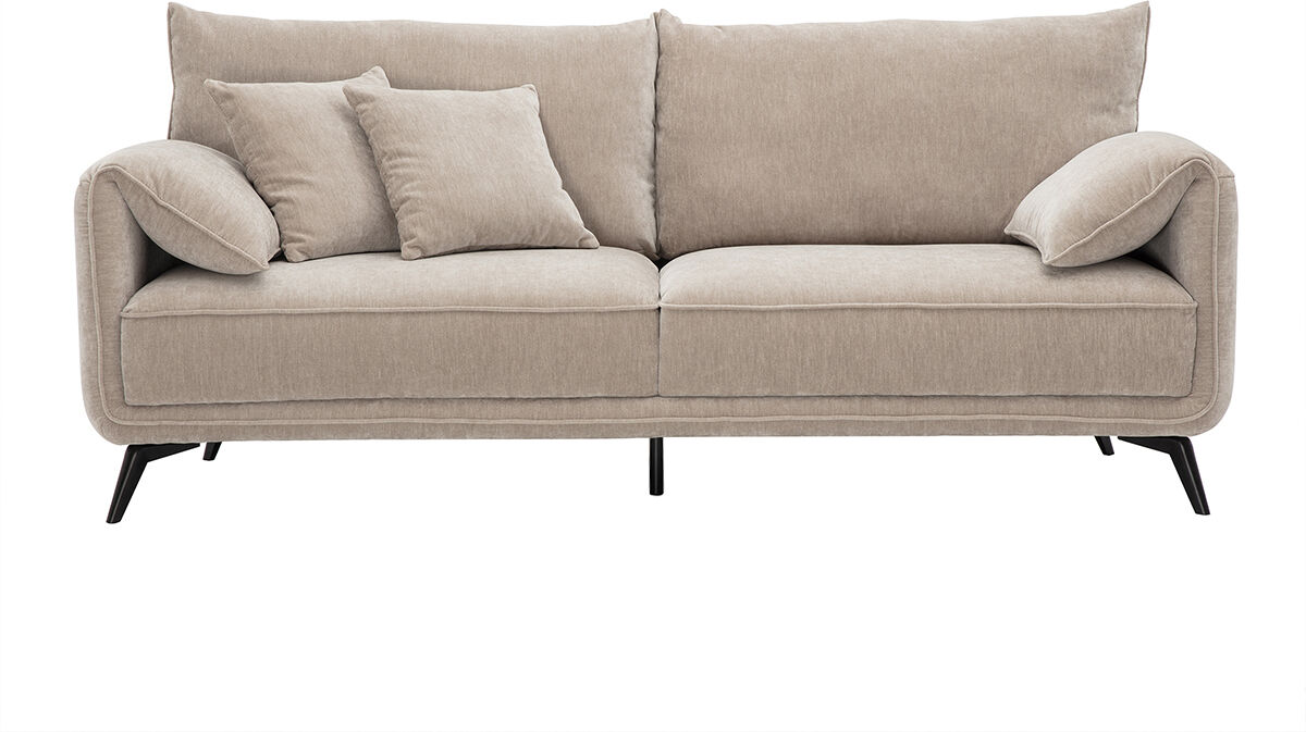 Miliboo Designersofa 3-Sitzer in taupefarbenem Samt-Effekt Stoff und schwarzem Metall TANTOR