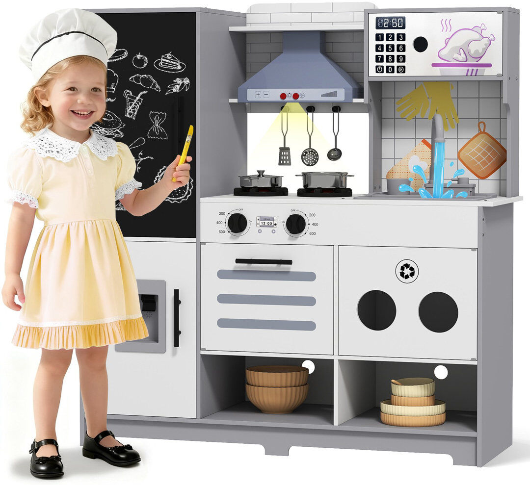 Joyldias Wooden Kids Play Kitchen Set With Circulating Sink, Pretend Toddler Kitchen Toy With Real Sound And Light White 36.02cm H X 32.67cm W X 11.61cm D