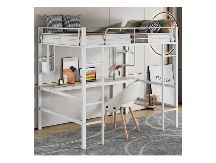 LuxusKollektion Kinderbett Hochbett 90x200 mit Schreibtisch Weiß Metall