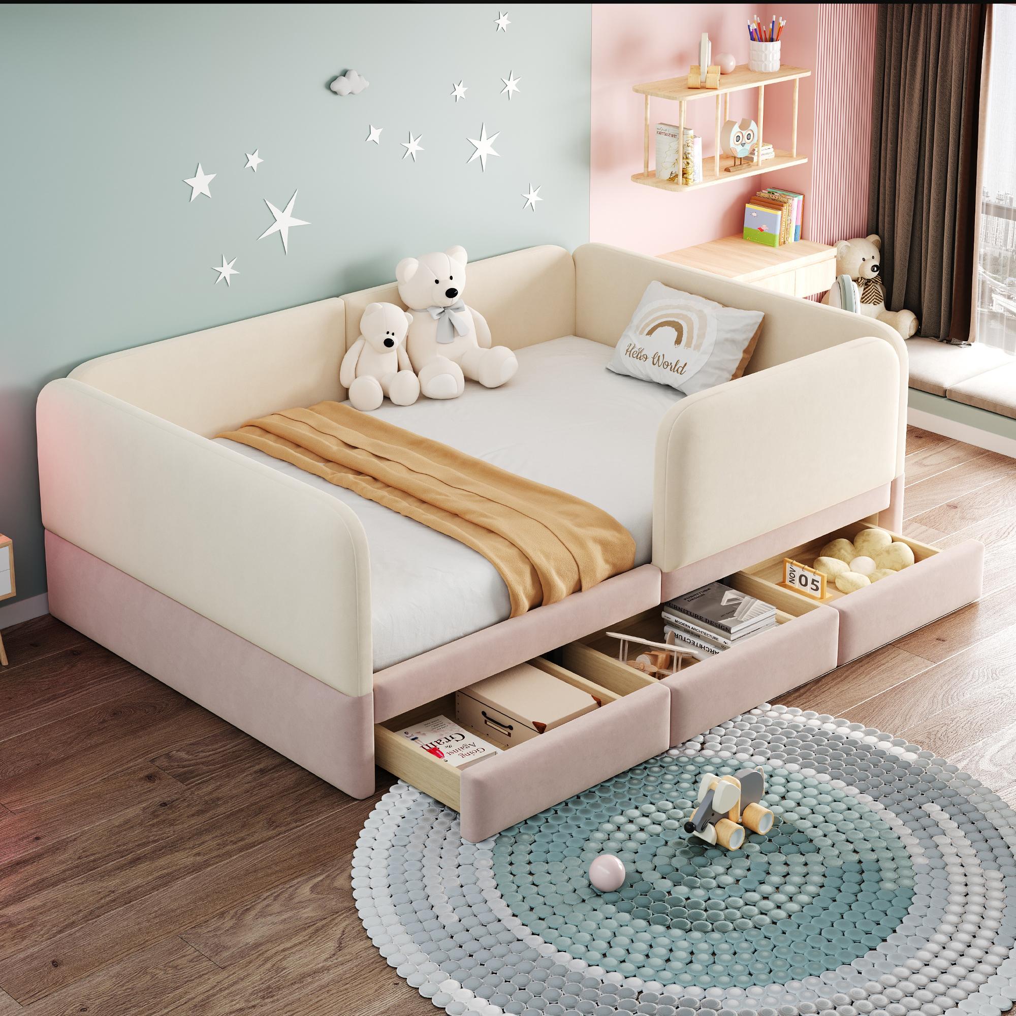 Kinderpolsterbett 140x200cm mit Samtbezug in Beige und Rosa, drei Stauraumschubladen und gepolsterter Umrandung für das Kinderzimmer