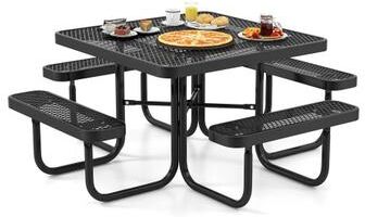 Costway Square Picnic Table and Bench for 8 Person with Seats and Umbrella Hole-Black