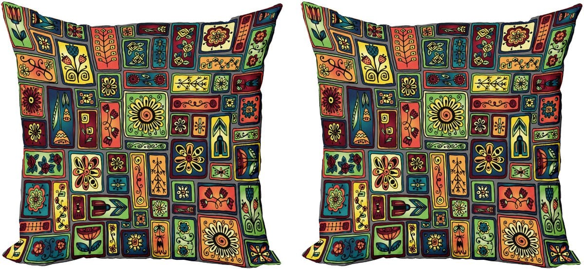 ABAKUHAUS Doodle Sierkussenhoezen Set van 2, Bladeren en Herzen, Modern Accent met Dubbelzijdige Digitale Print, Meerkleurig, 60 x 60 cm