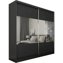 KLEIDERSCHRANK mit Spiegel-Schiebetüren und Aluminium-Leisten, LED-Beleuchtung - CELI - 200 cm Schwarz