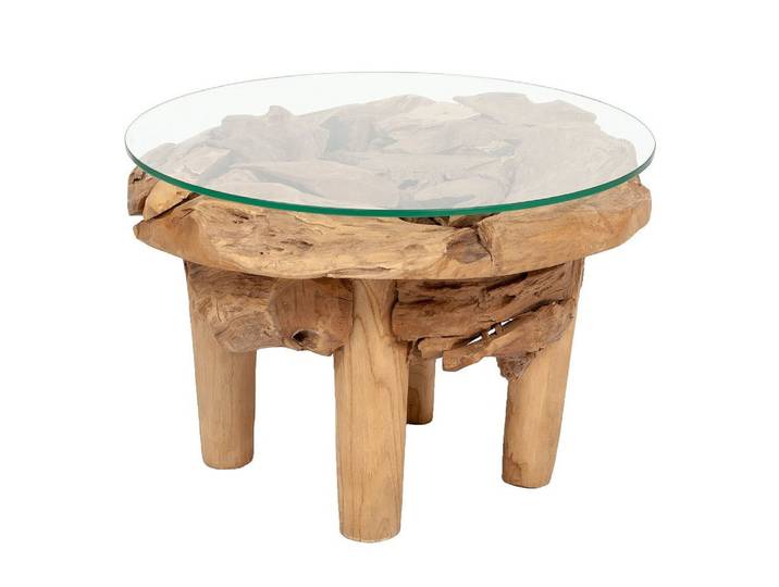 LebensWohnArt Couchtisch Teakwurzel Couchtisch BOSCO 60cm Natural Massivholz Glasplatte