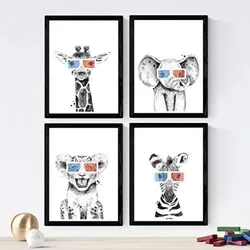 POSTER Set mit 4 Kinder Tiere mit 3DBrille A4 Schwarzer Rahmen