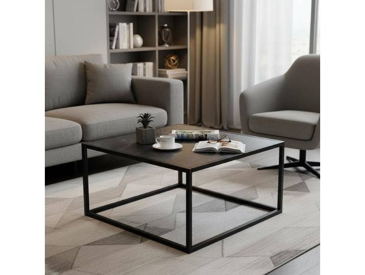 Table basse carrée moderne avec plateau en faux marbre - Noir