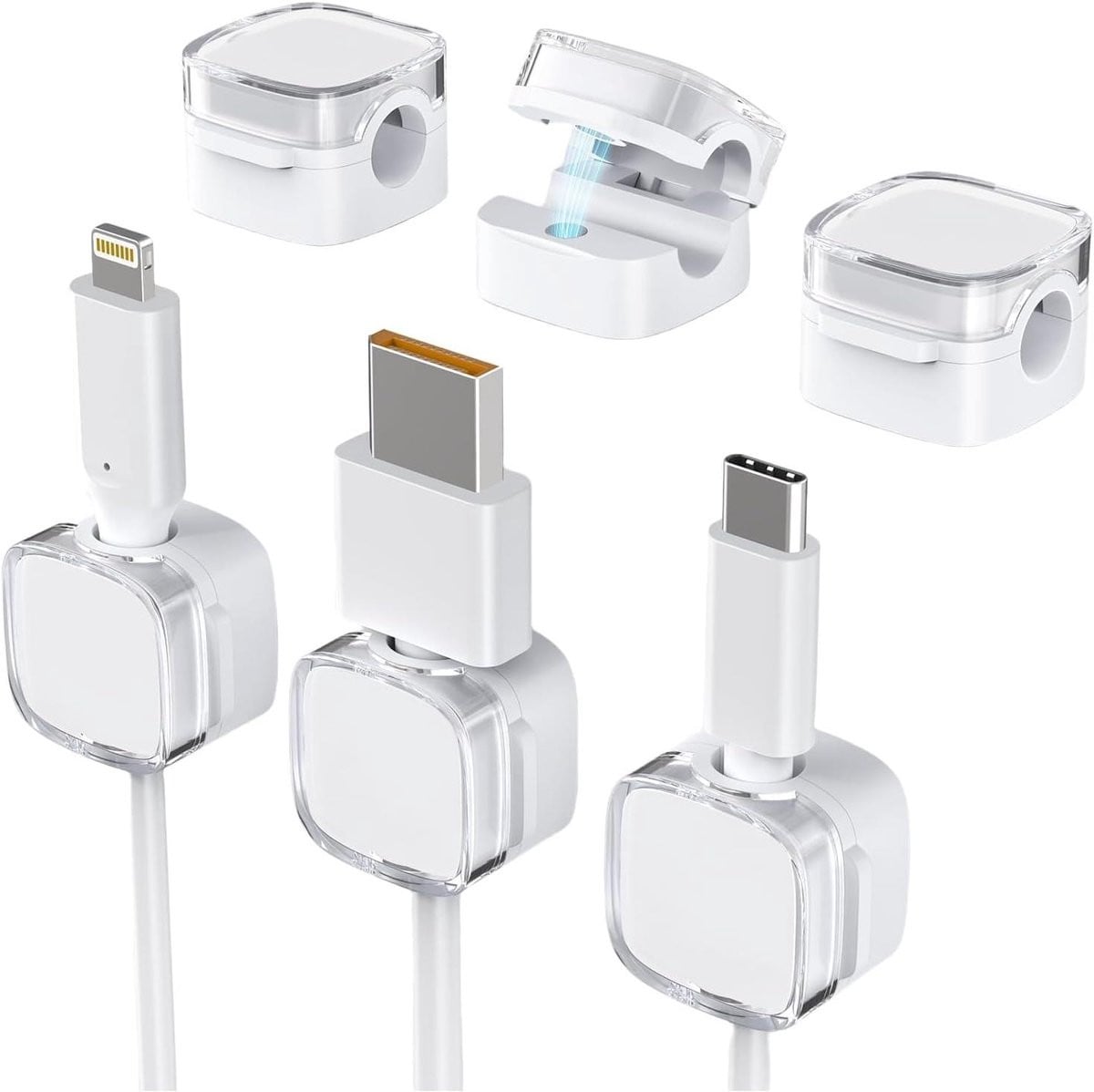 Set van 6 magnetische verstelbare kabelhouders en kabelclips voor kabelmanagement in het wit