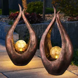 Gartendeko LED Solarlampe Skulptur bronze Dekoleuchte Außenlampe, Bruchglas Kugel 26,5 x 50 x 13 cm, 2er Set