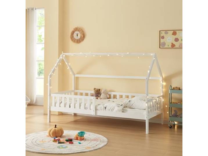 [en.casa] Kinderbett Ydre Hausbett Weiß 90 x 200 cm Holzbett mit Rausfallschutz und Lattenrost 2 Montagearten Bodenbett Hochbett mit Stauraum Jugendbett