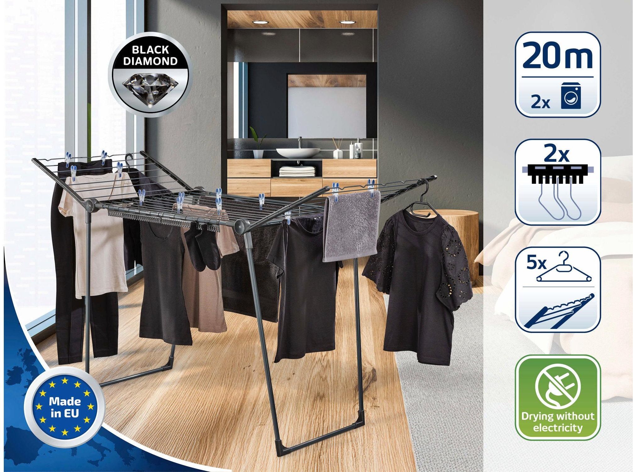 Wäscheständer LEIFHEIT "Pegasus 200 Solid Blach 20 m", grau (schwarz), B:66cm H:107cm T:95,5cm, Wäscheständer, Wäscheständer schwarz Einheitsgröße