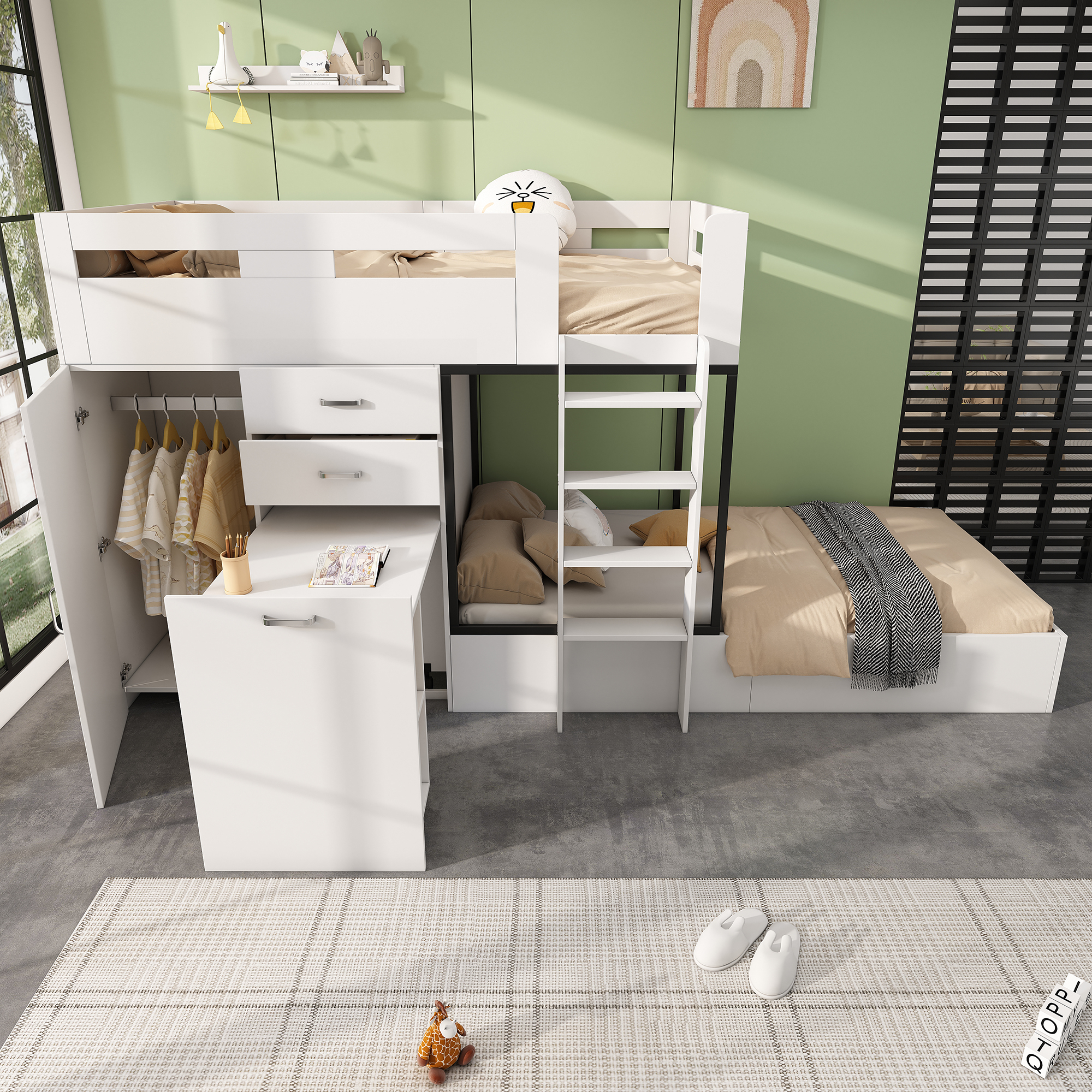okwish Etagenbett 90×200 mit Ausziehbarer Schreibtisch,Doppelbett mit Schublade und Garderobe, Funktionsbett mit Regale und Leitern,Weiß,ohne Matratze