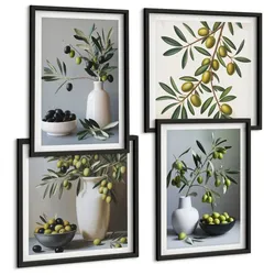 BILDER SET 4er Set - 50x50 cm & 40x60 cm Schwarzer Rahmen - Oliven in Vasen in gedeckten Farben