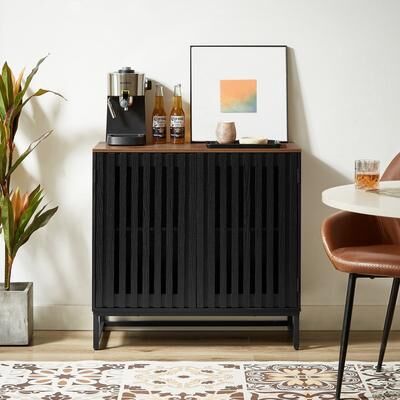 GDFStudio - Modern Cabinet with Slatted Grille Doors and Metal Legs