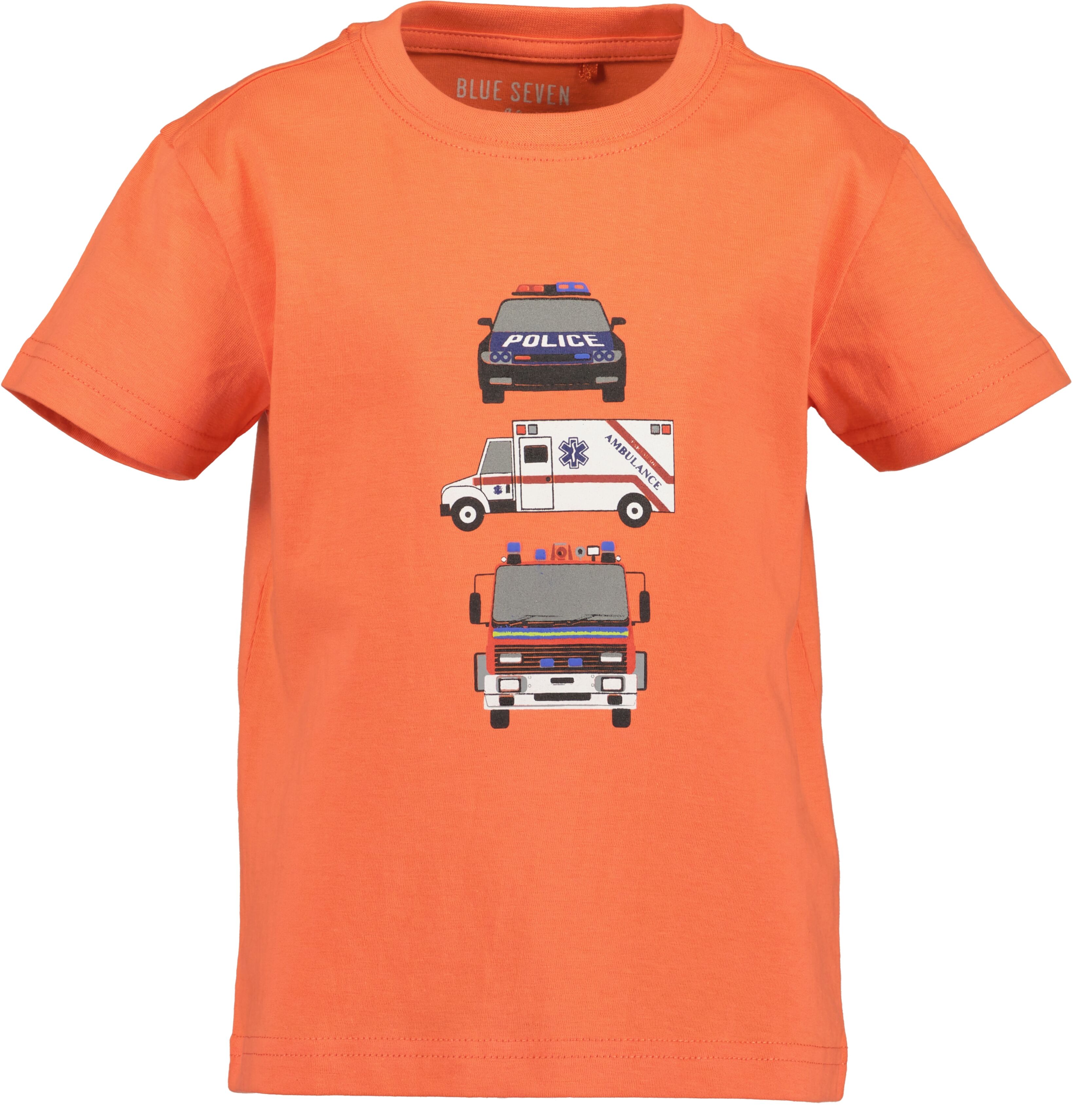 T-Shirt BLUE SEVEN, Jungen, Gr. 98, orange (flamingo), Single Jersey, Obermaterial: 100% Baumwolle, bedruckt, unifarben, Basic normal, Rundhals, Shirts T-Shirt, Basic Passform, ohne Verschluss, unifarben oder mit Druck flamingo 98