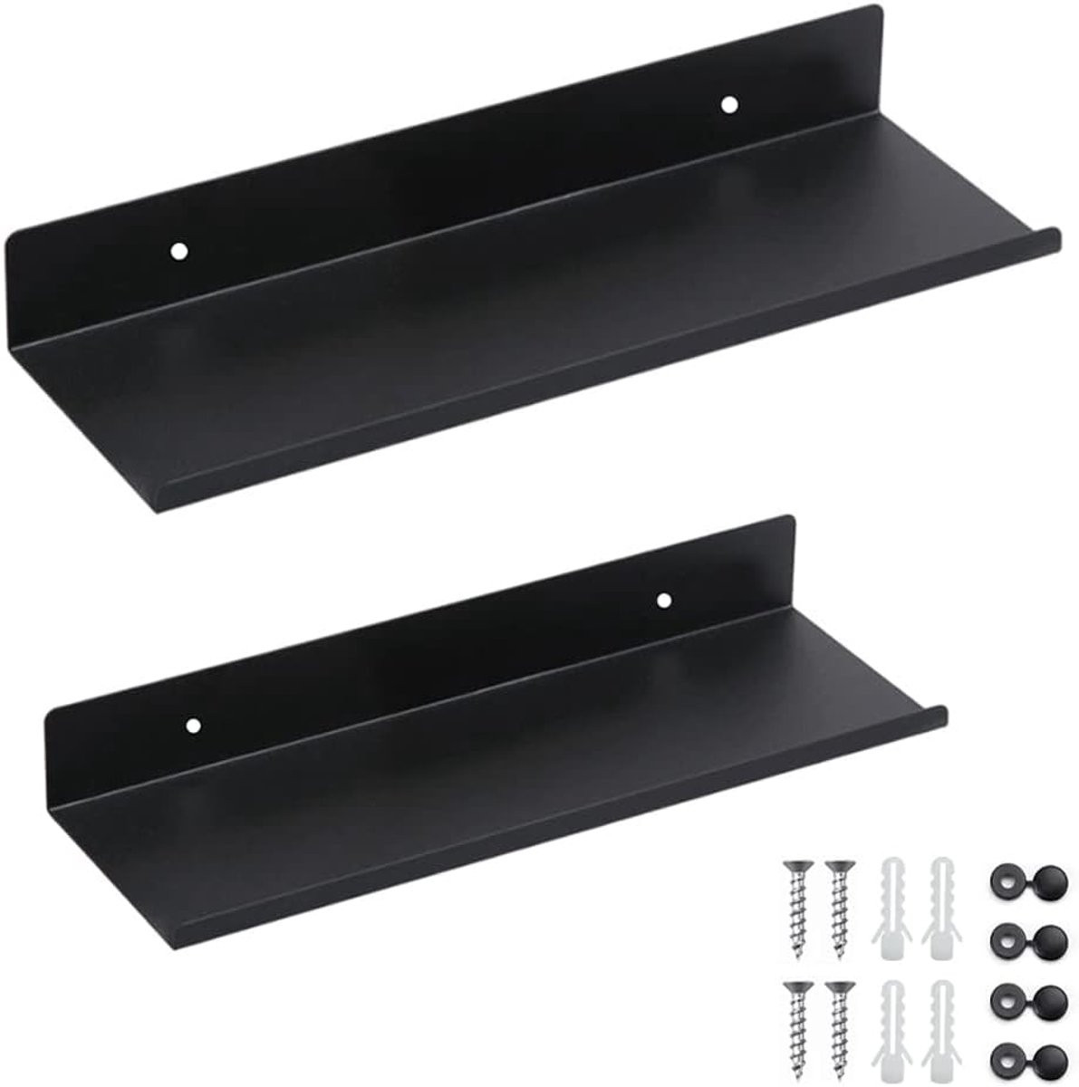 SnelShoppen Set van 2 Zwarte Metalen Wandplanken, Matte Drijvende Wandplanken voor Keuken, Badkamer of Woonkamer
