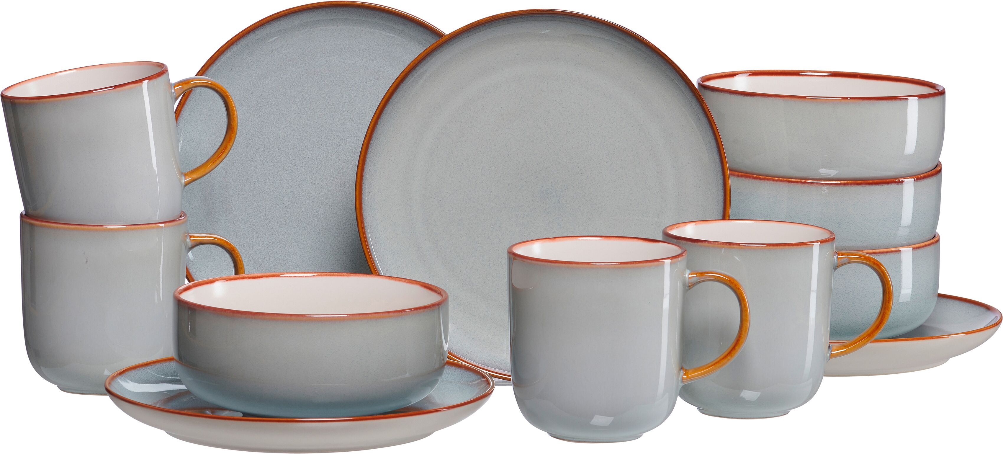 Frühstücks-Geschirrset RITZENHOFF & BREKER "Portofino (Teller, Schale, Kaffeebecher)", grau, 12 Stk., Steinzeug, Geschirr-Sets, Frühstücks-Geschirrset, Reativglasur, jedes Teil ein Unikat, 12 Teile, für 4 Personen grau 12 Stk.