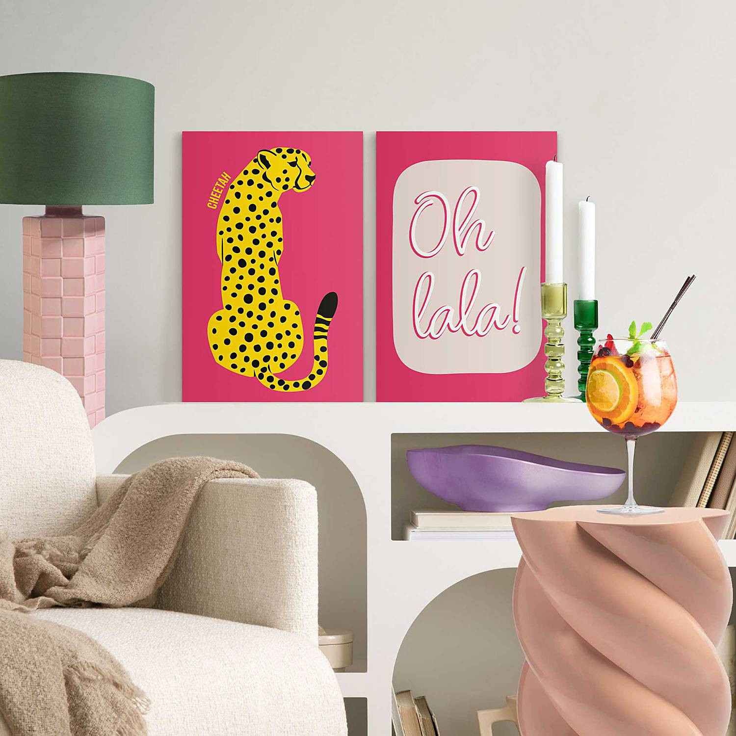 home24 Set afbeeldingen Oh La La 2-delig MDF houten lijst, roze