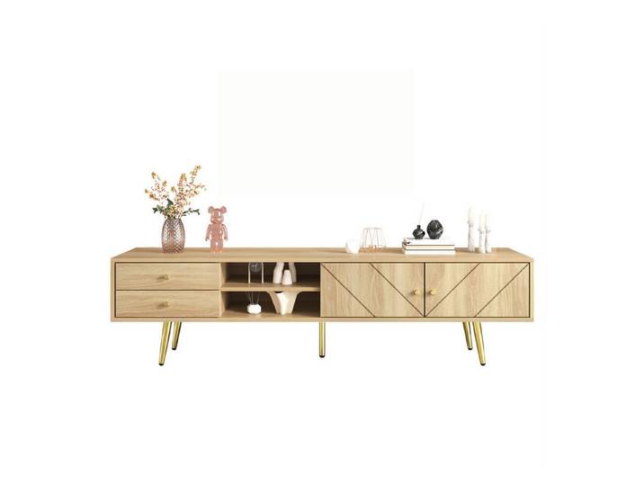 Rutaqian TV-Schrank Fernsehschrank mit 2 Schubladen, 2 Türen und 2 offene Fächer (Holzoptik, Goldfüßen und Einzigartig Gestalteten Türen, Stilvolles Design TV-Schrank,160x36x42 cm)