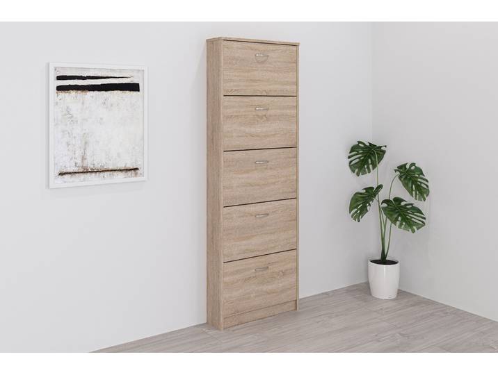 Schuhschrank FMD Step 5 , braun (eichefarben), B:58,5cm H:168,5cm T:17cm, Holzwerkstoff, Schränke, Schuhschrank, Schuhkipper, 5 Schuhklappen, für schmale Flure, Tiefe: 17 cm