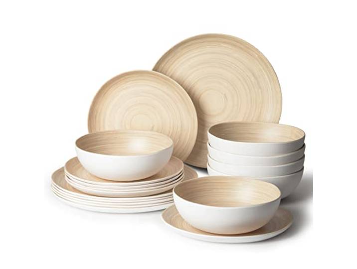 Joviton Home 18-teiliges Bambus-Wirbel-Melamin-Geschirr-Set für 6, Teller und Schüssel-Sets (heller Bambus)