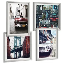 BILDER SET 4er Set - 50x50 cm & 40x60 cm Silberner Rahmen - Old Cars Brooklyn Retro-Audio