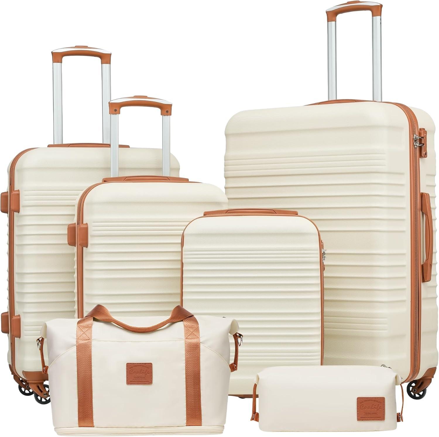 Koffer-Set, Trolley, Koffer, ABS, Hartschalenkoffer, Reisekoffer, 4 Rollen, TSA-Schloss, Ausziehbarer Trolley, Der Koffer enthält 1 Reisetasche und 1 Kosmetiktasche, Weiß/Braun