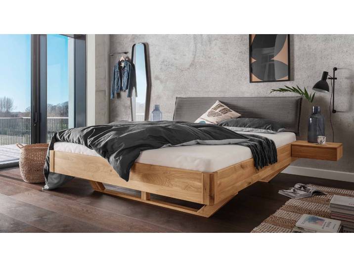 Doppelbett AKTON 9 mit Stoffkopfteil in Cord aus massiver Wildeiche – 3%-Vorkasse-Rabatt