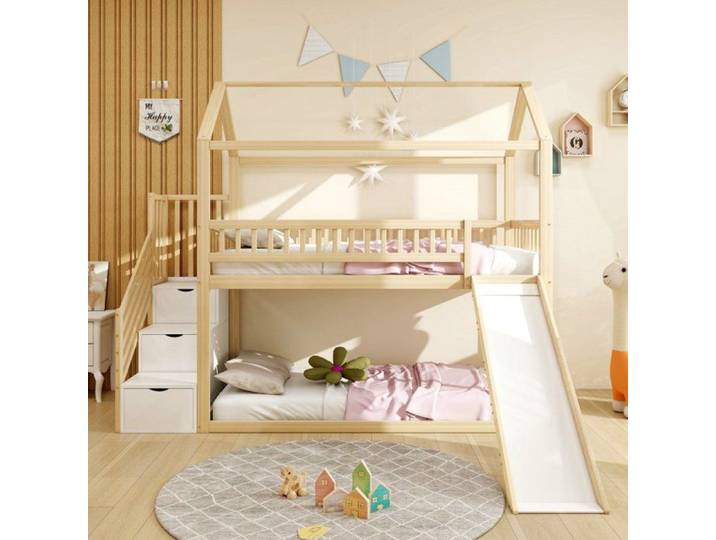 Lit superposé enfant 90x200 - VVBV - avec toboggan - échelle de rangement - sommier à lattes