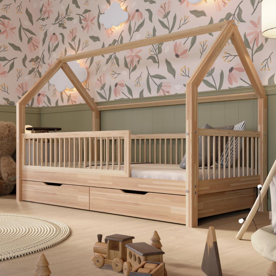 Crazy Pine Hausbett mit Schubladen 190x90 cm - Montessori Kinderbett aus stabilem massivem Kiefernholz - Kinderbett mit Stauraum - Crazy Folly