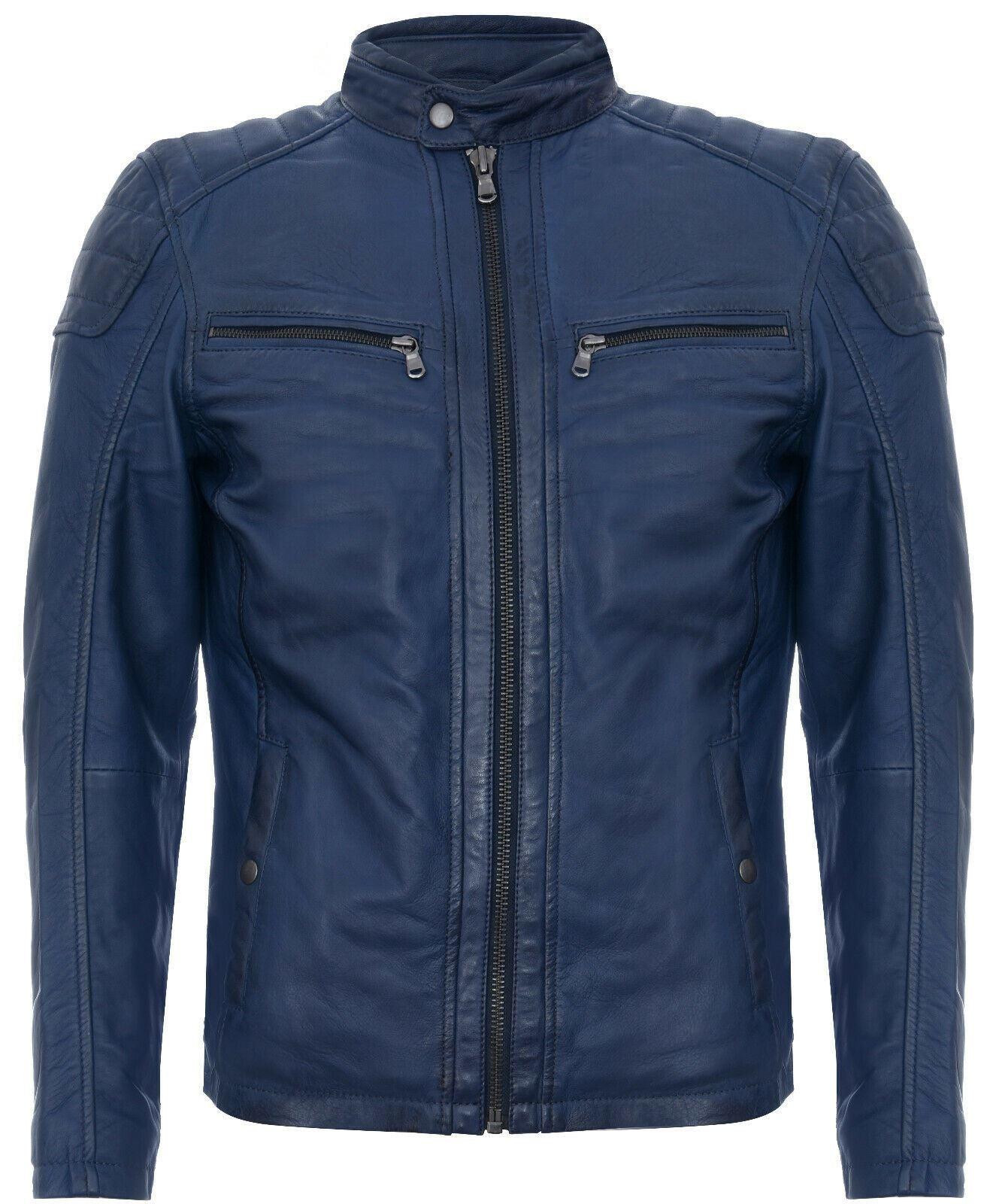 Herren-Lederjacke im Vintage-Stil, gesteppt, Retro-Racing-Biker mit Reißverschluss – San Marino