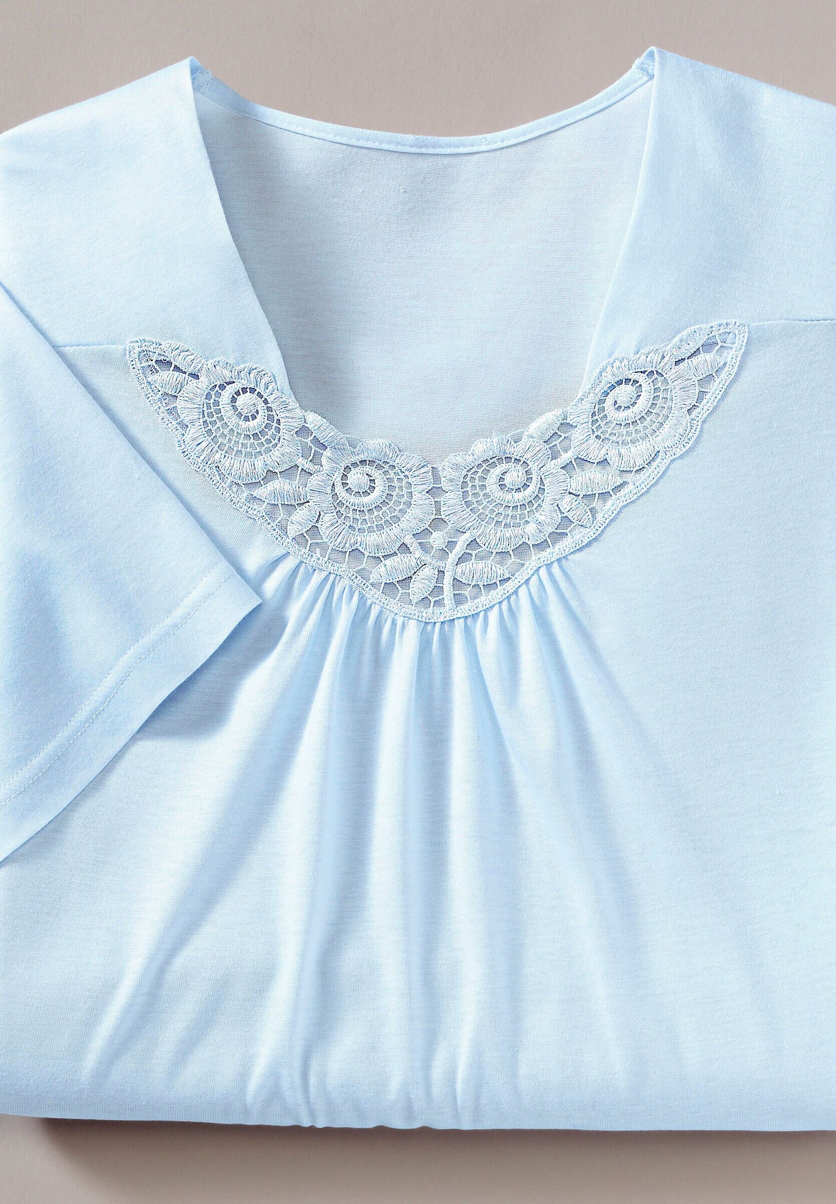 Pyjama ASCAFA "Langarm-Nachthemden Kurzarm-Nachthemden mit Spitze, im Doppelpack 2 Stück", Damen, Gr. 44/46, hellblau, rosé, Basic, V-Ausschnitt, Homewear-Sets Pyjama