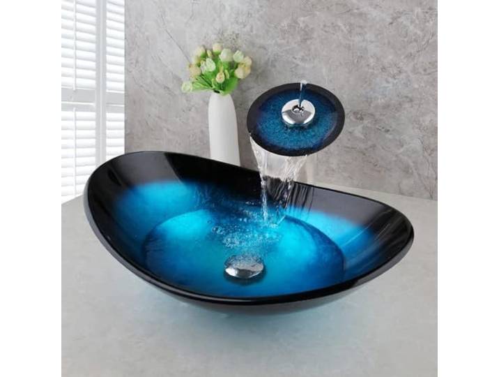 GLOBAOSALU Ovales blaues Glasbecken mit Wasserfall-Wasserhahn und Pop-Up-Ablaufgarnitur aus gehärtetem Glas, Waschbecken, Obermontage, Badezimmer-Waschbecken, Bootsform, Design Schüssel für Wohnung