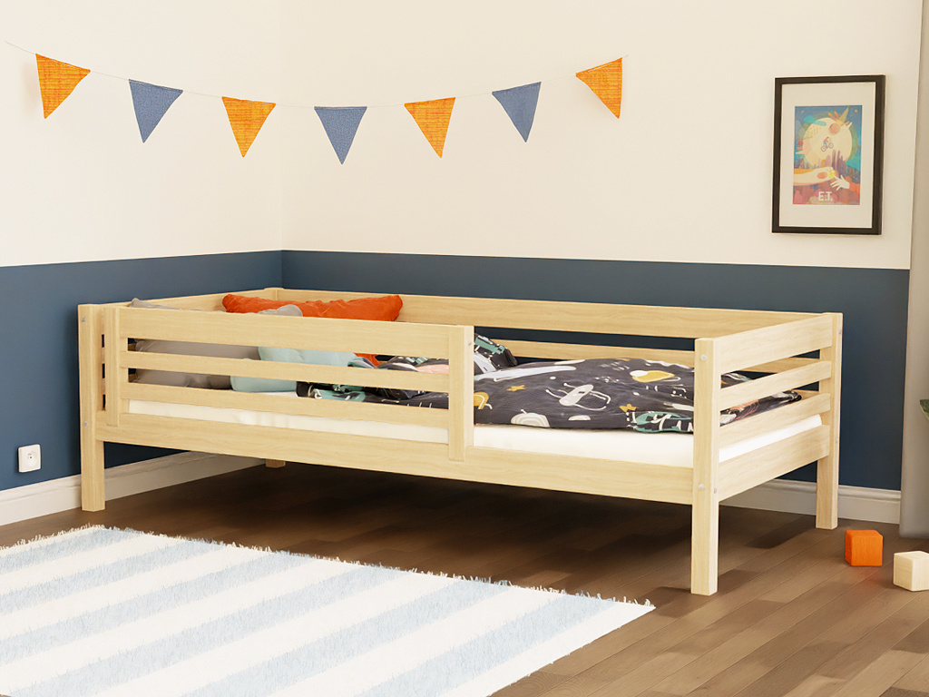 Hohes Kinderholzbett TULY mit Barriere 80x180 cm Marineblau, Mit einer Barriere