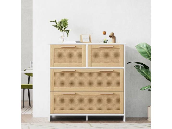 Buffet haut - Commode en rotin - 4 tiroirs - Bois massif - Design contemporain