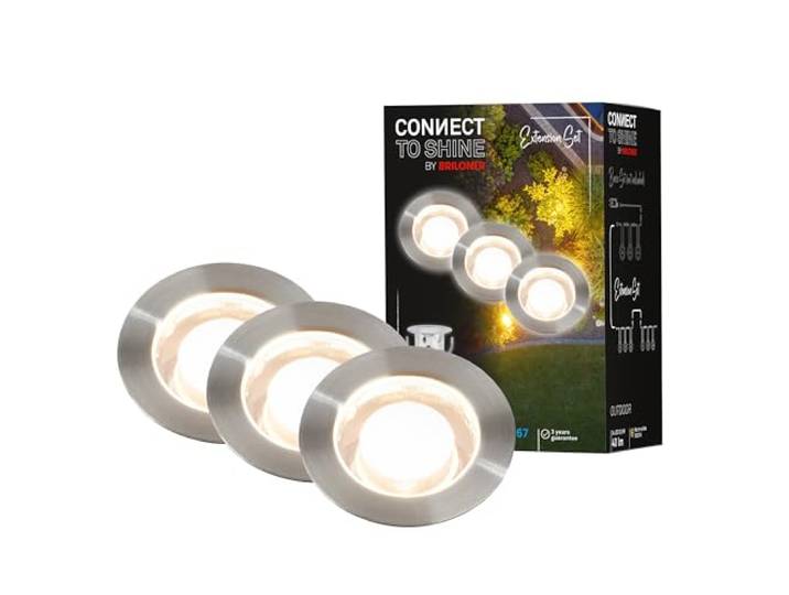 BRILONER - Système de jardin Connect to Shine 12V\, lot de 3 spots encastrables au sol LED\, kit d'extension\, IP67\, lumière blanc chaud\, éclairage de jardin\, spots encastrables au sol\, 45x 25 mm\, argent