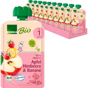 Edeka Fruchtpüree Quetschie, 100% Frucht, BIO, Apfel, Himbeere & Banane, je 100 g, 10 Stück