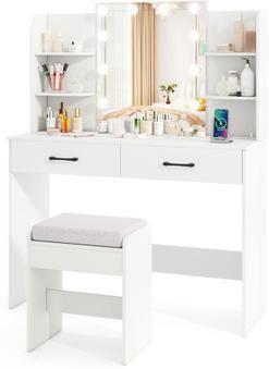Costway Vanity Set with Lighted Mirror and Stool with Power Outlet-White