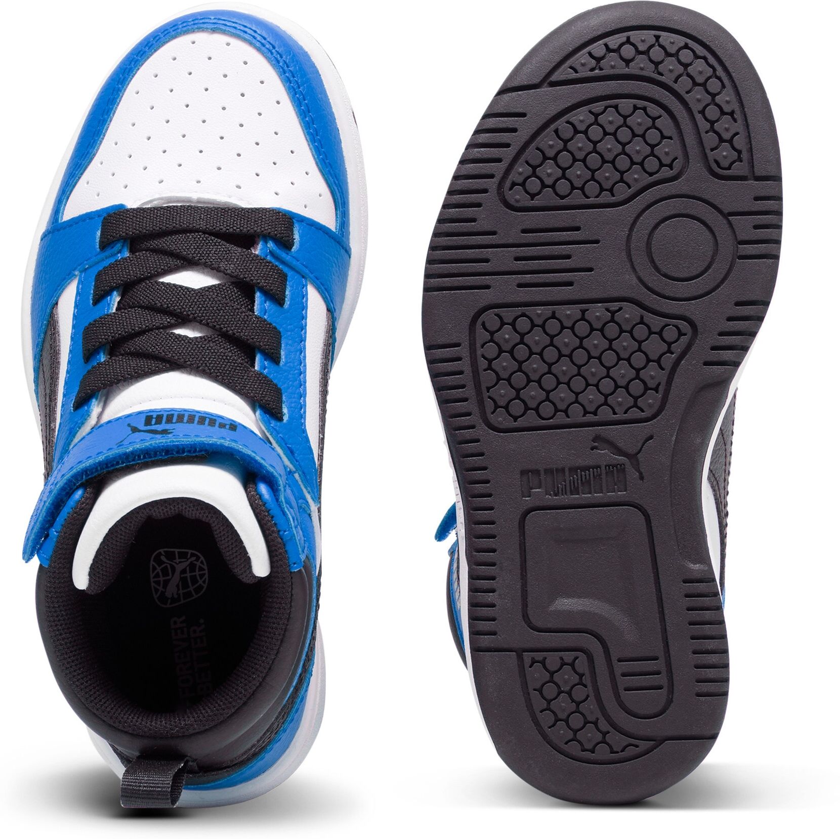 Sneaker PUMA "REBOUND V6 MID AC+ PS", Jungen, Gr. 30, Textil, blau (puma weiß, puma schwarz, racing blau), Synthetik, Schuhe Sneaker, mit leicht profilierter Gummilaufsohle, mit Klettverschluss