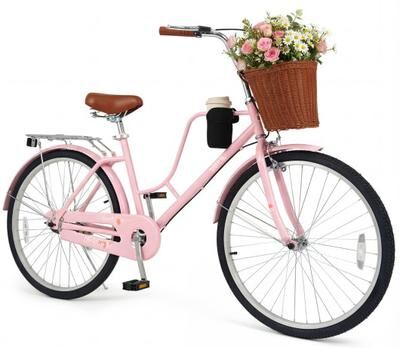Costway 26-Inch Beach Cruiser Bike with Cup Holder and Woven Basket - Pink